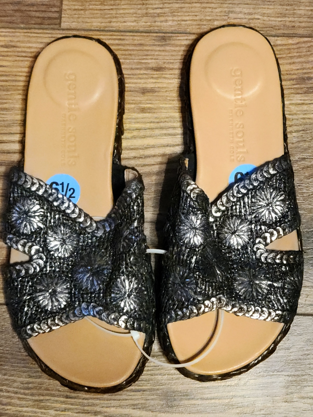 gentle souls Black Metallic Embroidered Open-Toe Slide